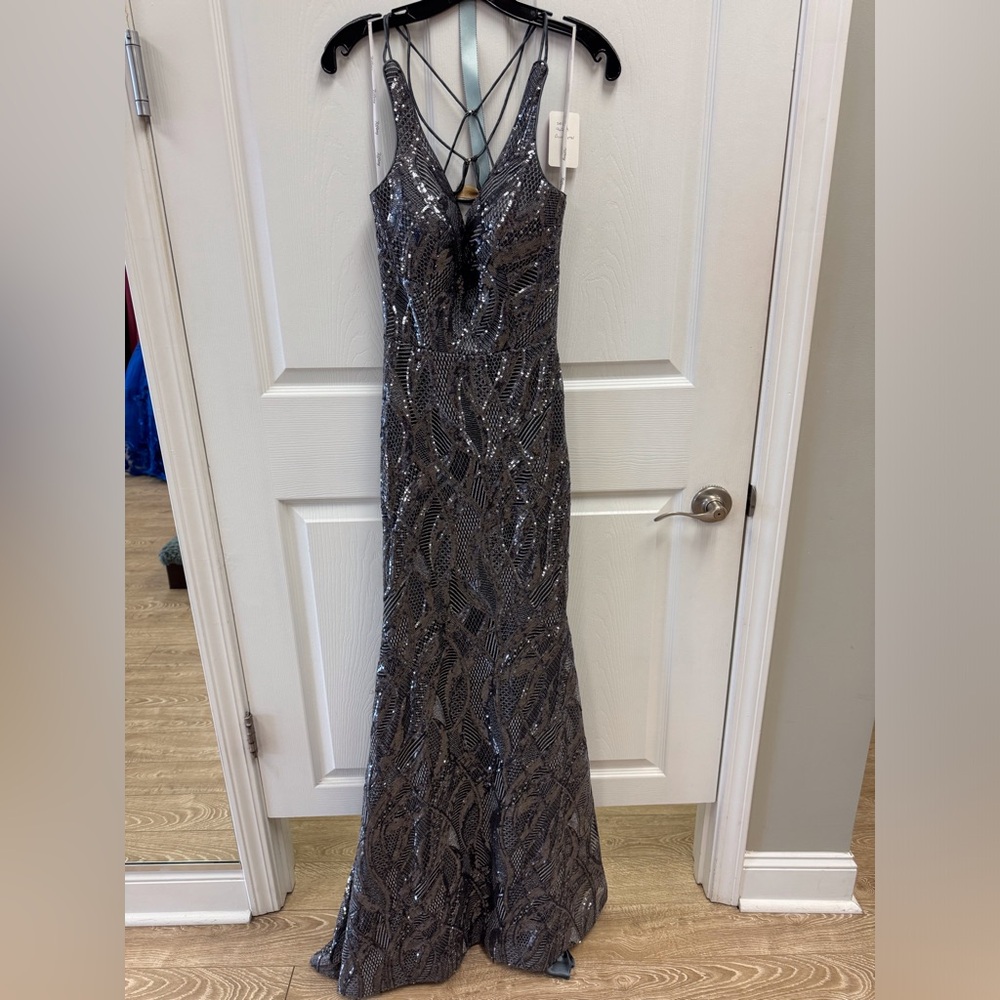 Tiffany Designs Silver Sequin Prom Dress
